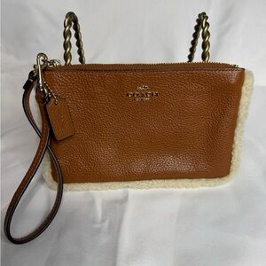 Coach Brown Leather Wristlet with Sherpa shearling trim